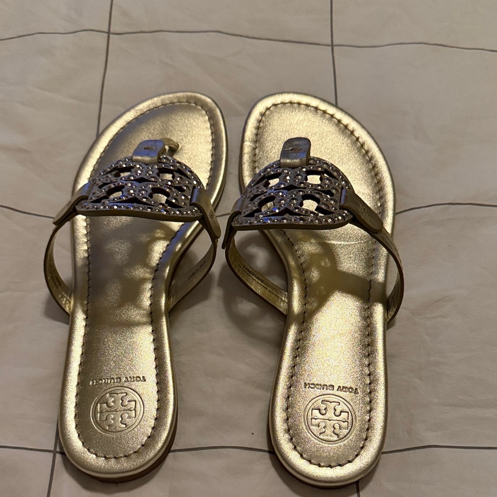Tory Burch Miller Sandals Gold with Crystal Medallion Size 8.5 - Picture 2 of 7